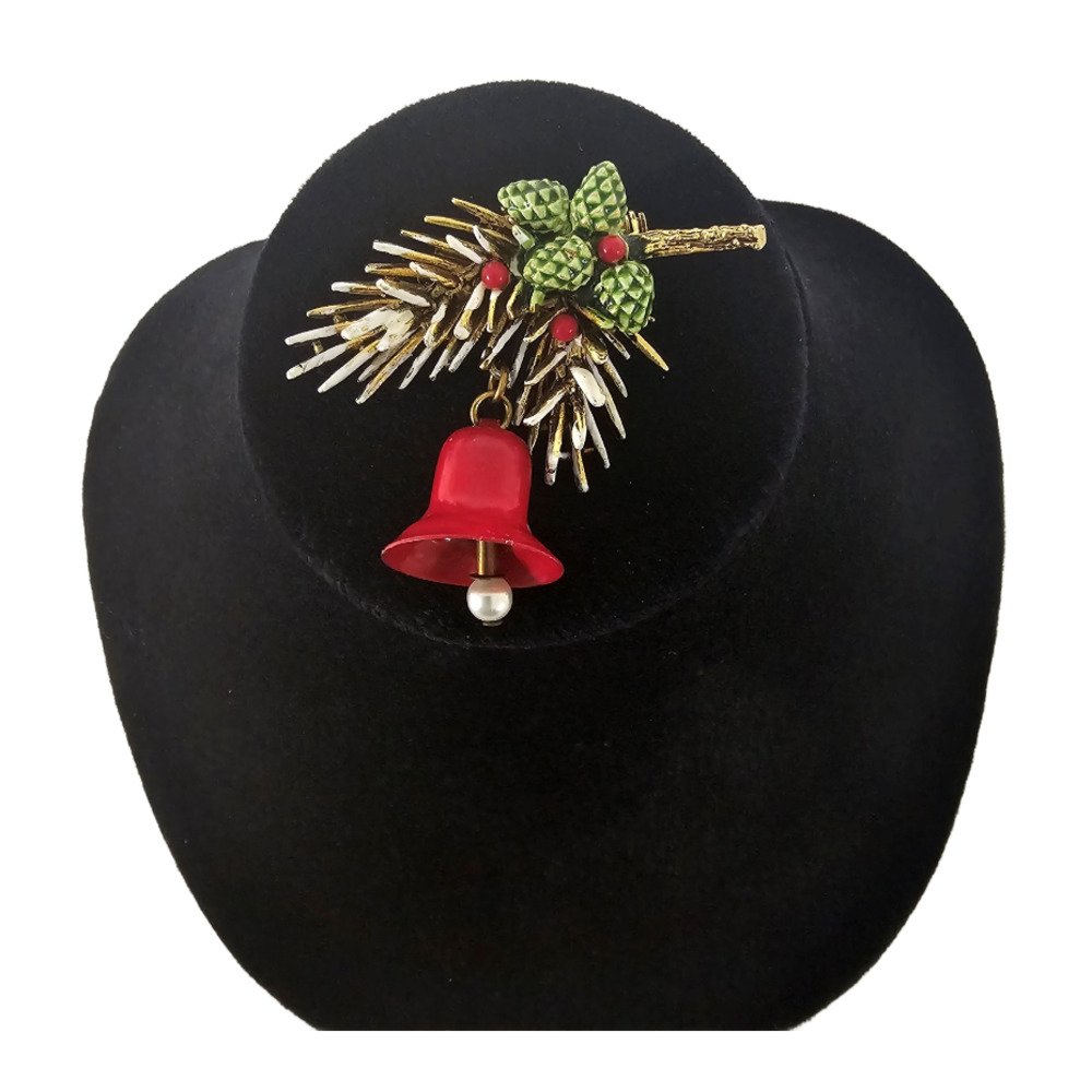 Vintage ART Arthur Pepper Signed Holiday Brooch Snowy Pine Tree Boughs Red Ename
